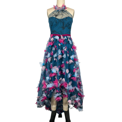Marchesa Notte Embellished Teal Floral Applique Halter Dress Size 4