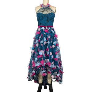 Marchesa Notte Embellished Teal Floral Applique Halter Dress Size 4