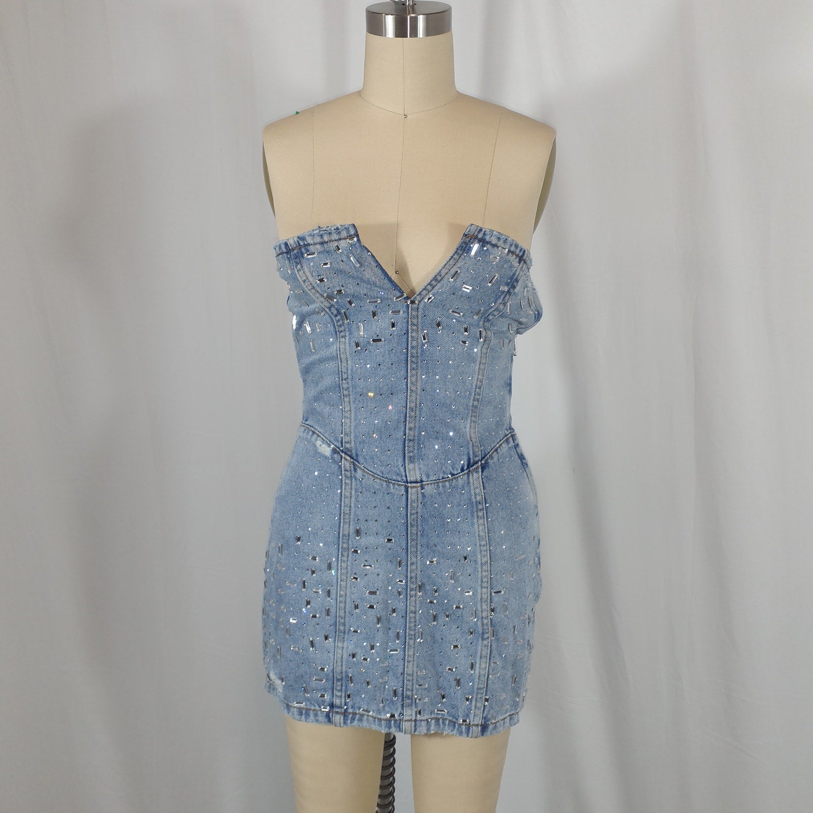 Retrofete 'Kamna' Blue Crystal / Bead Embellished Denim Dress Size XS - NWT