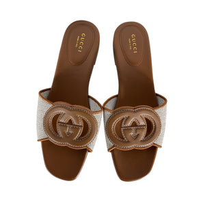 Gucci Leather Trimmed Brown Interlocking G Slides Size 39 IT / US 9