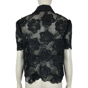 Self-Portrait Elegant Black Floral Lace Button-Front Collared Blouse Size 10