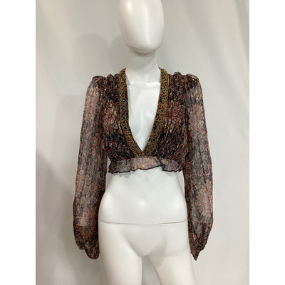 House Of Harlow 1960 'Marella' Brown Chiffon Metallic Top Size M