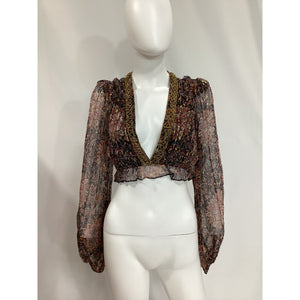 House Of Harlow 1960 'Marella' Brown Chiffon Metallic Top Size M
