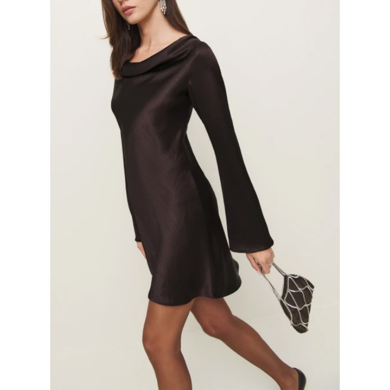 Reformation 'Pike' Black Satin Boat Neck Dress Size XL