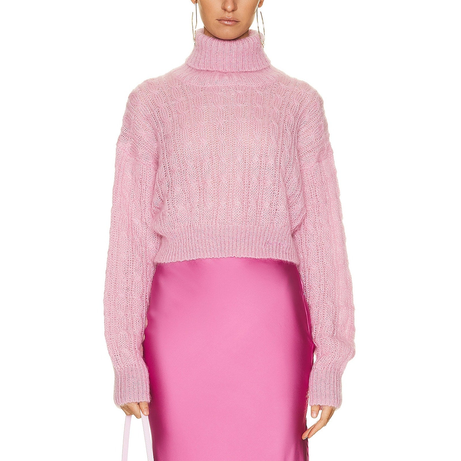 Ganni High Neck Cropped Pink Polyamide Pullover Sweater Size XS