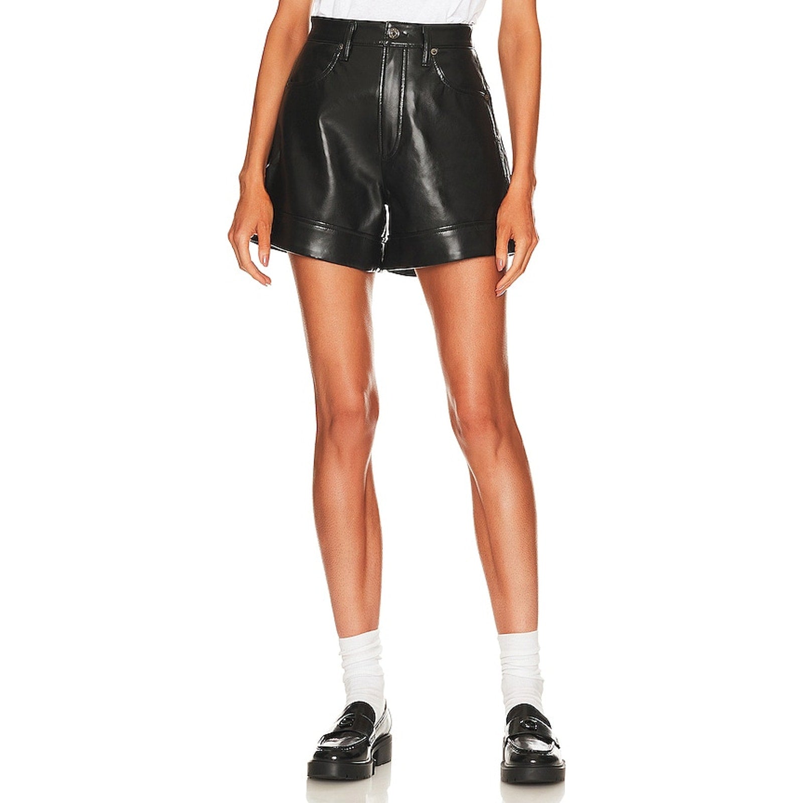 Agolde 'Angled' Black Leather Hem Short Size 26