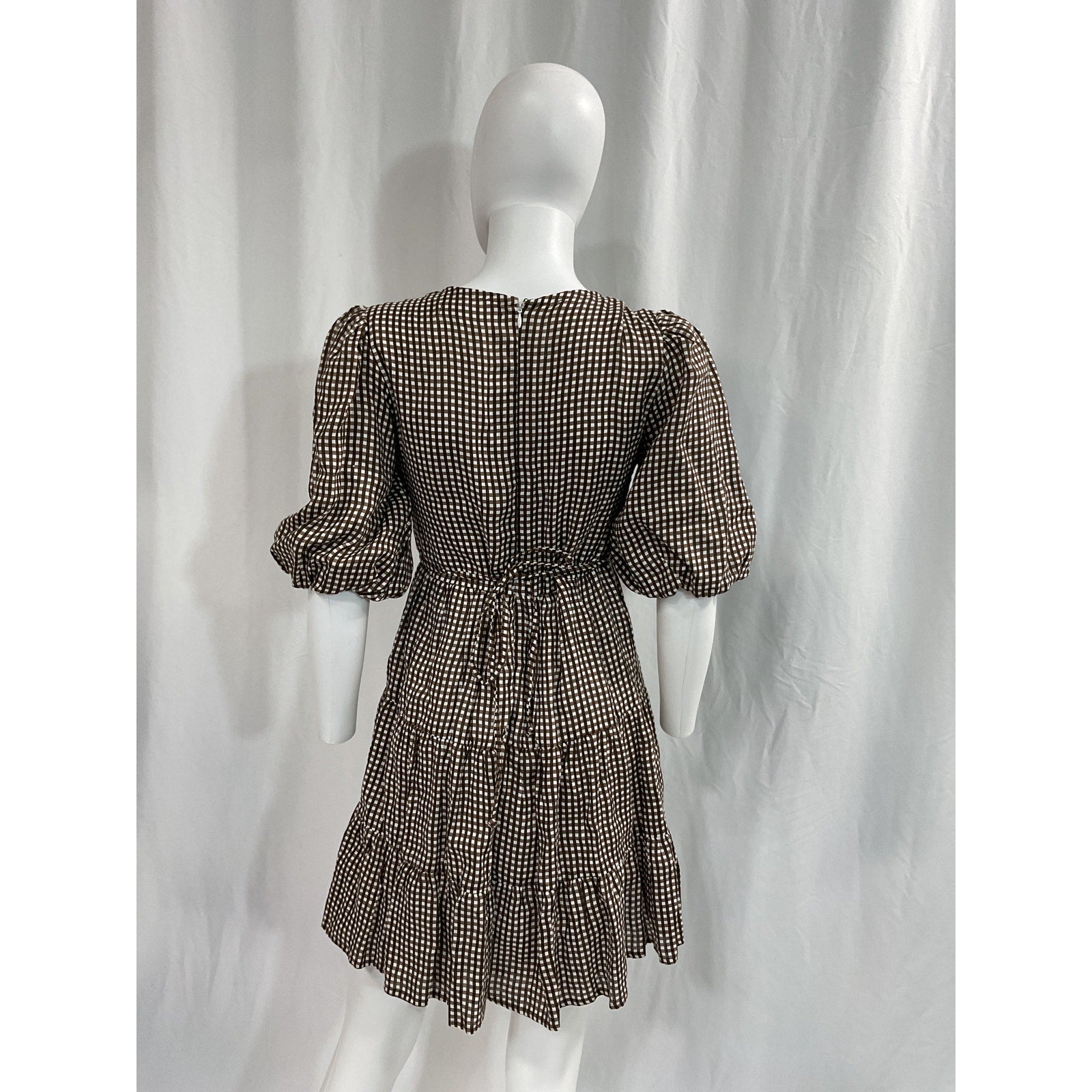 Faithfull The Brand 'Elmiya' Black V Neck Cocoa Check Print Mini Dress Size S