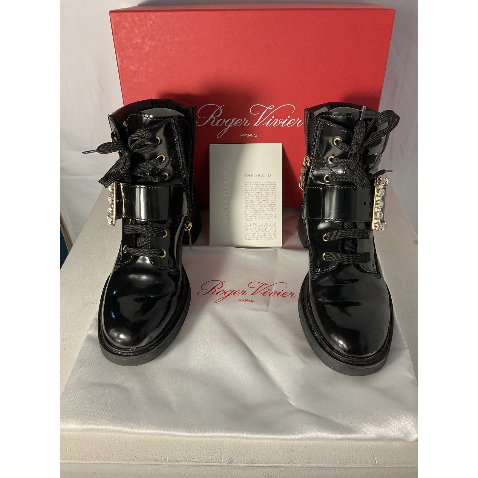 Roger Vivier Viv Black Leather Rangers Crystal Buckle Combat Boot Size 11