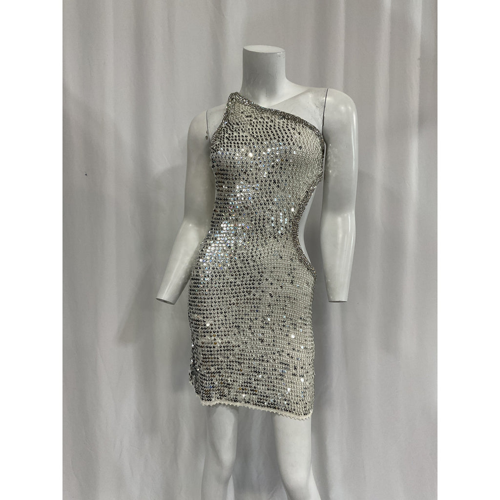 Retrofete 'Claudia' White Sequin Crochet One Shoulder Dress Size M