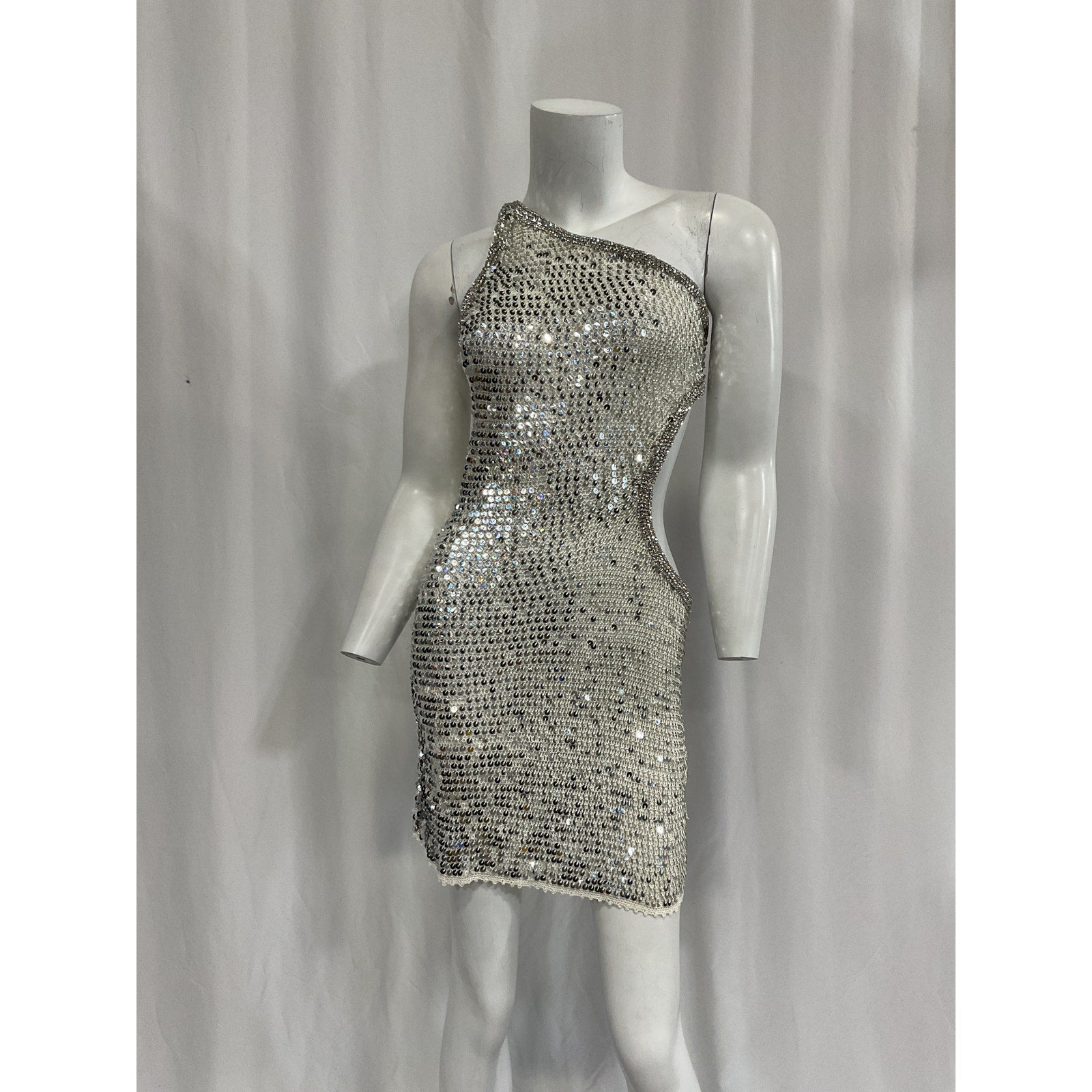 Retrofete 'Claudia' White Sequin Crochet One Shoulder Dress Size M