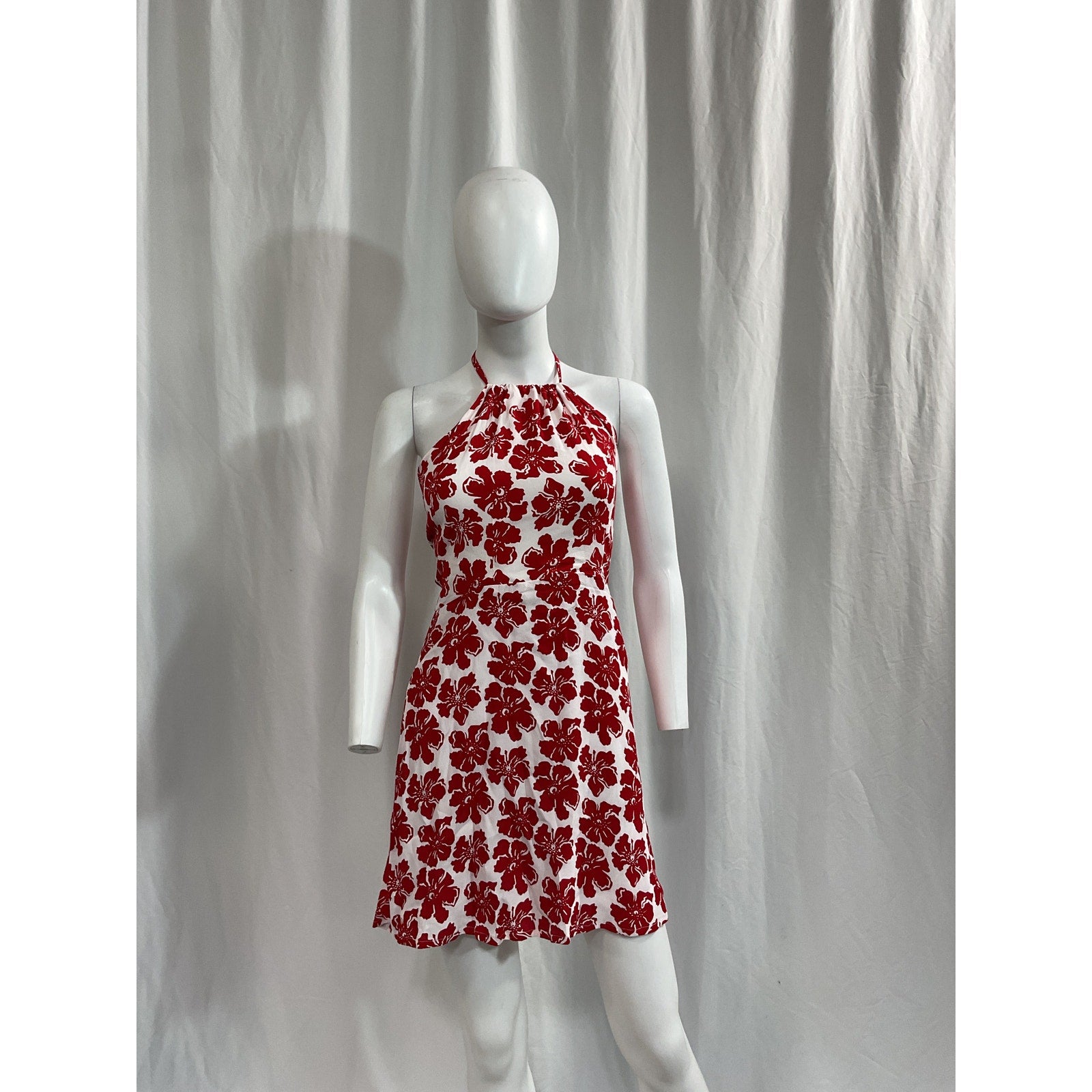 Faithfull The Brand 'Gaia' Red Poplin Halterneck Back Tie Mini Dress Size S