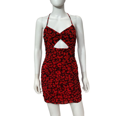 Michael Costello Ruched Red And Black Leopard Afton Mini Dress Size S