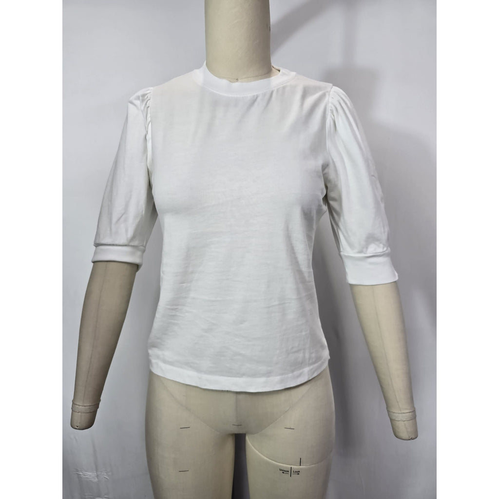 Frankie Puff Sleeve Organic White Cotton Knit Crewneck Elbow Sleeve Top Size S Petite