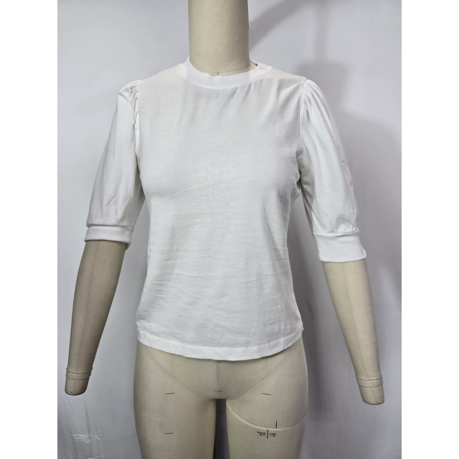 Frankie Puff Sleeve Organic White Cotton Knit Crewneck Elbow Sleeve Top Size S Petite