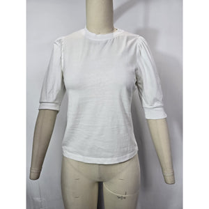 Frankie Puff Sleeve Organic White Cotton Knit Crewneck Elbow Sleeve Top Size S Petite