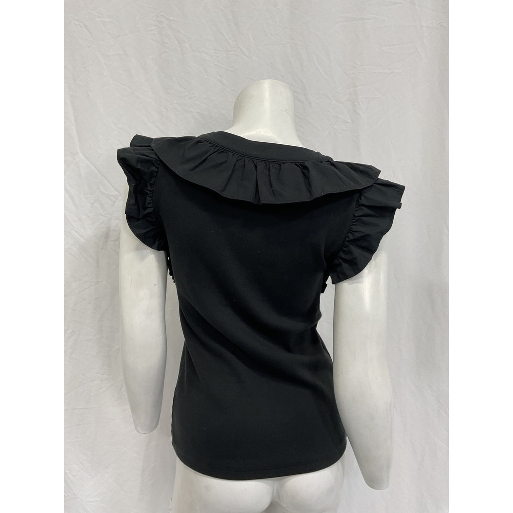 Veronica Beard 'Adrianna' Black Cotton Ruffled Rib Top Size S