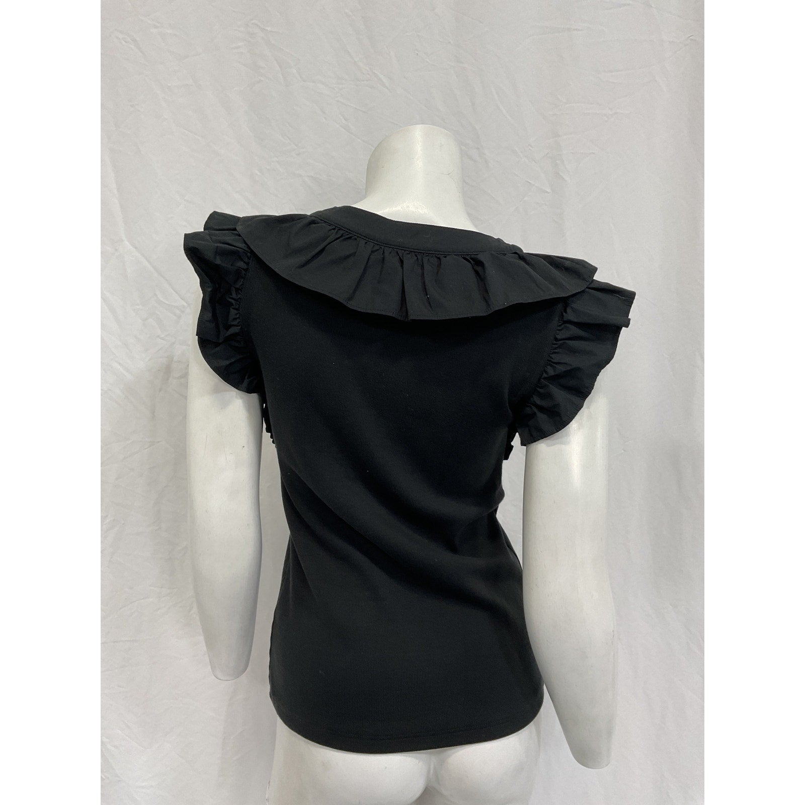 Veronica Beard 'Adrianna' Black Cotton Ruffled Rib Top Size S