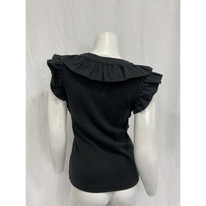Veronica Beard 'Adrianna' Black Cotton Ruffled Rib Top Size S