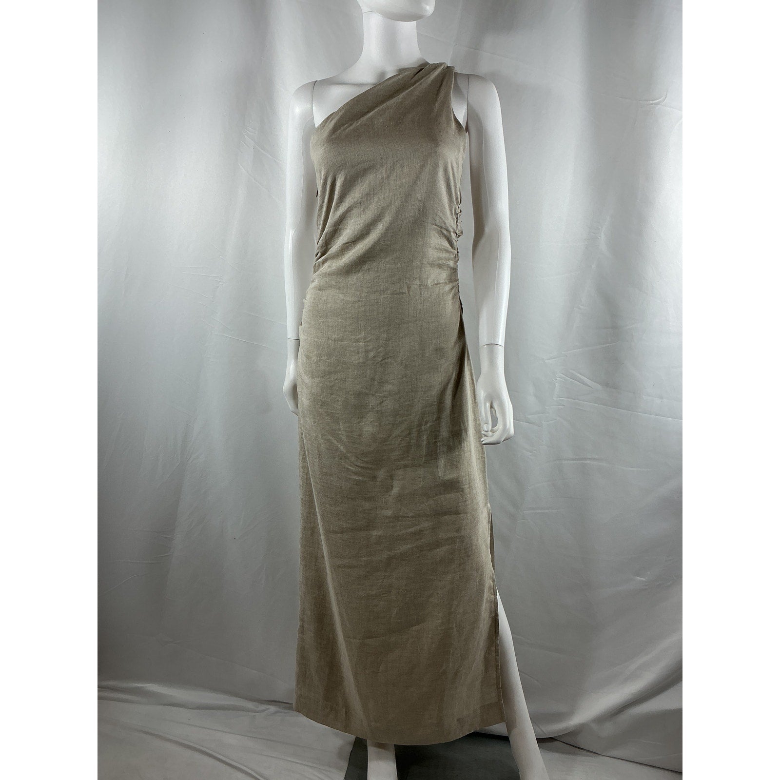 Faithfull The Brand + Net Sustain 'Jomana' Tan One-Shoulder Ruched Linen Maxi Dress Size XS