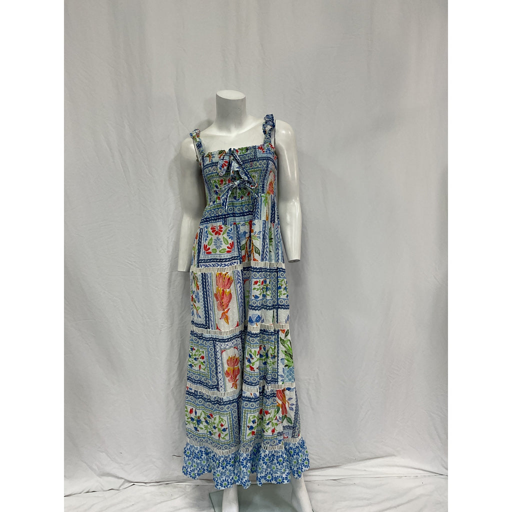 Farm Rio Tropical Blue Linen Tiles Maxi Dress Size S