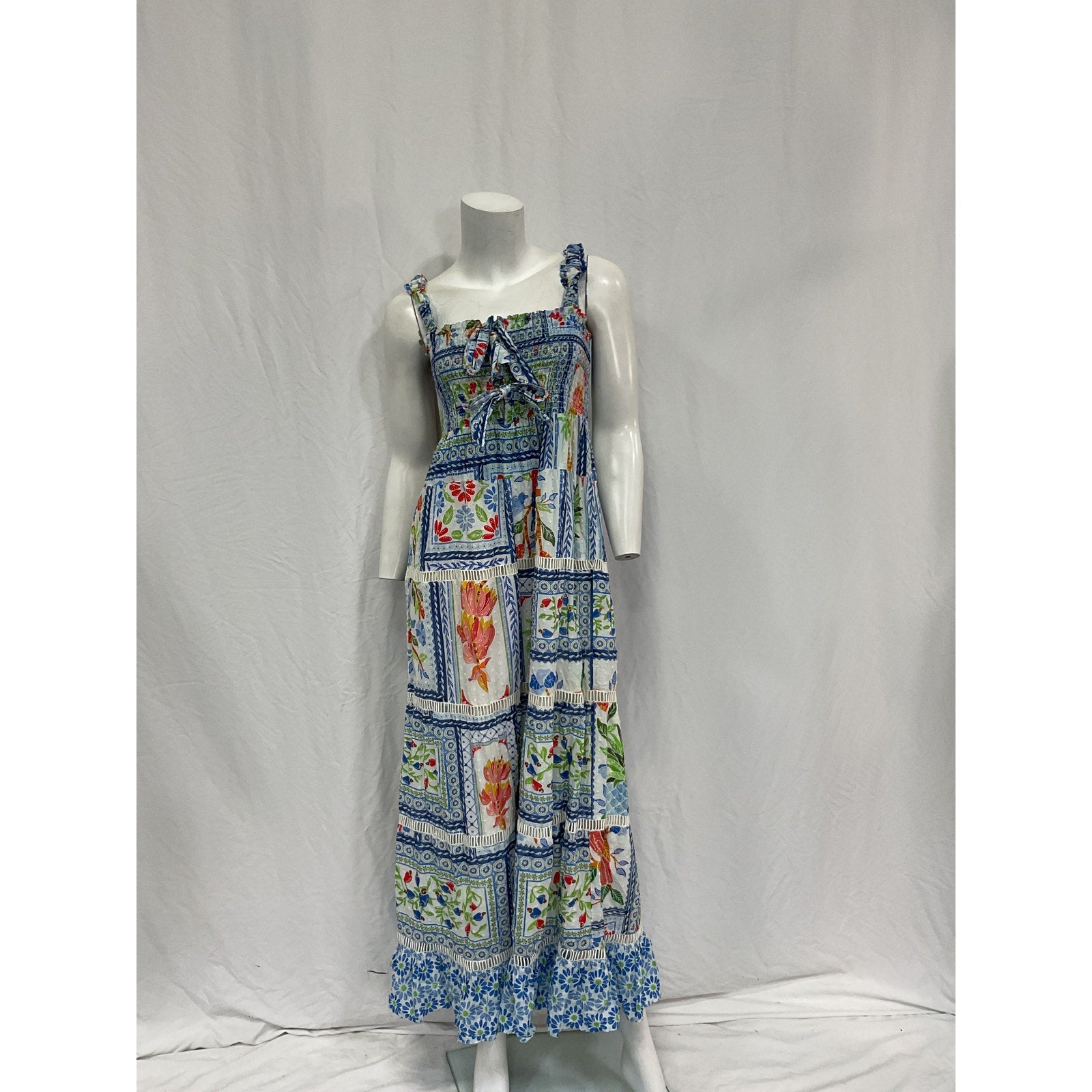Farm Rio Tropical Blue Linen Tiles Maxi Dress Size S