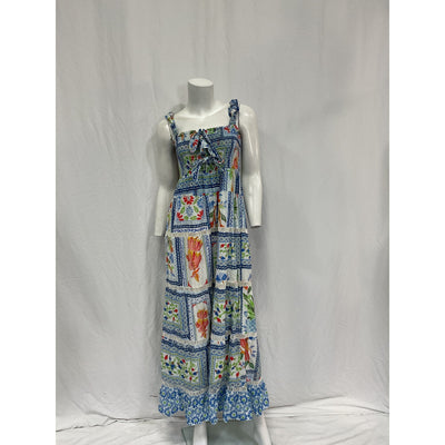 Farm Rio Tropical Blue Linen Tiles Maxi Dress Size S