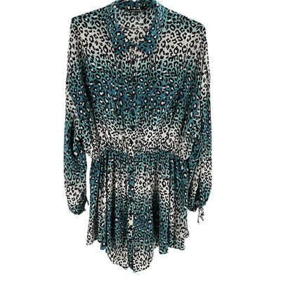 Retrofête Silk Teal Leopard Collared Dress Size L