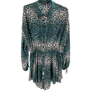 Retrofête Silk Teal Leopard Collared Dress Size L