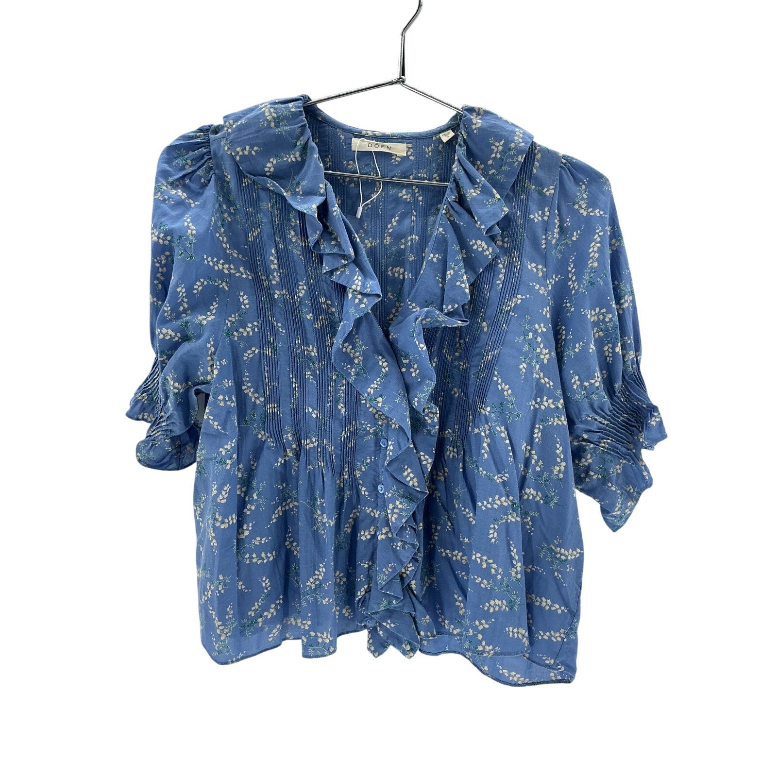 D�en 'Henri' Blue Cotton Pleated Floral Top Size S