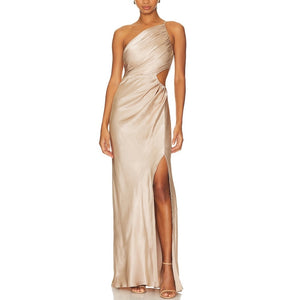 Shona Joy Ruched Tan One Shoulder Cutout Maxi Dress Size 4 NWT