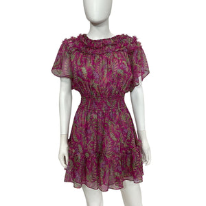 Misa Los Angeles Ruffled Fuschia Paisley Siobahn Mini Dress Size L
