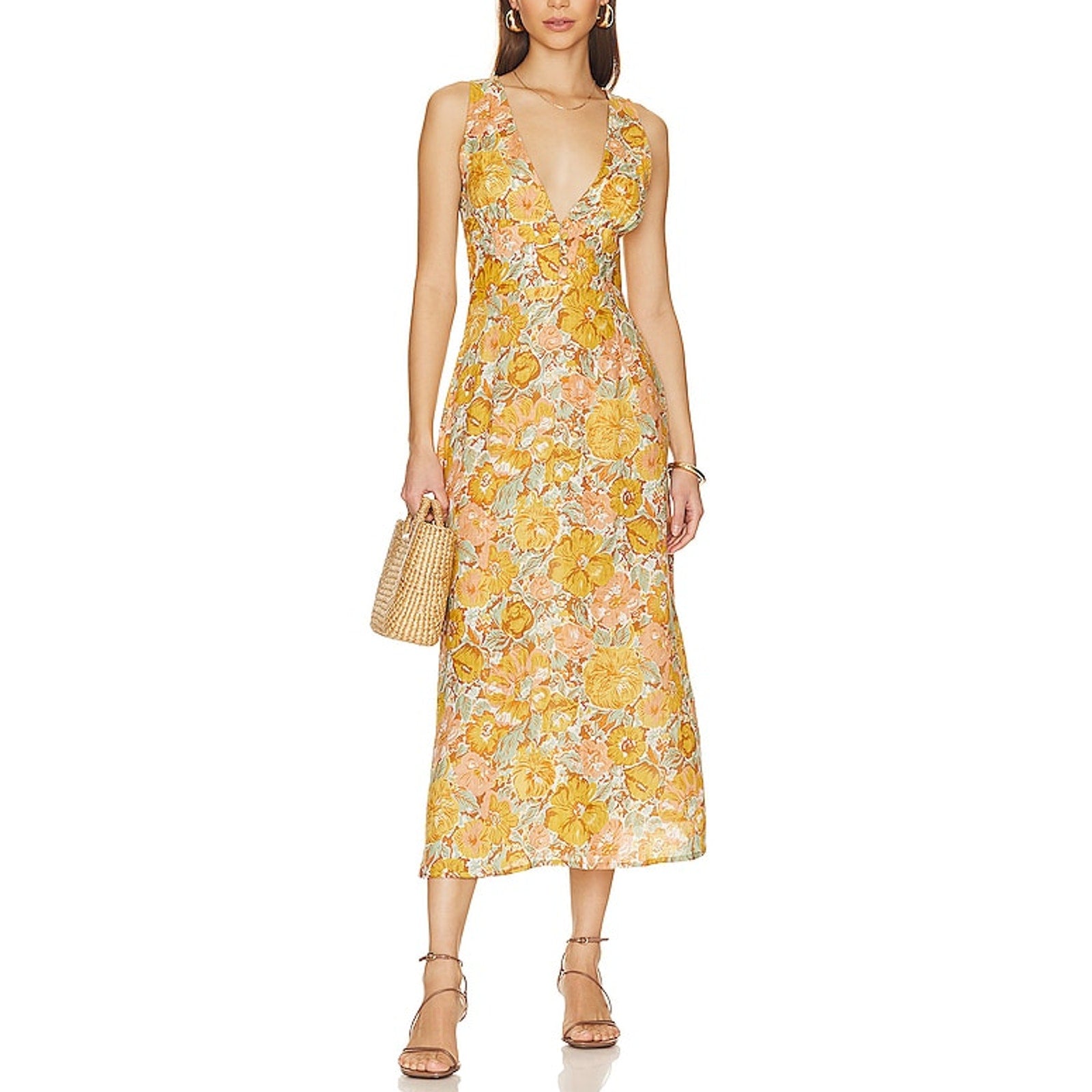 Faithfull The Brand 'Venere' Yellow Linen Midi Dress Size S