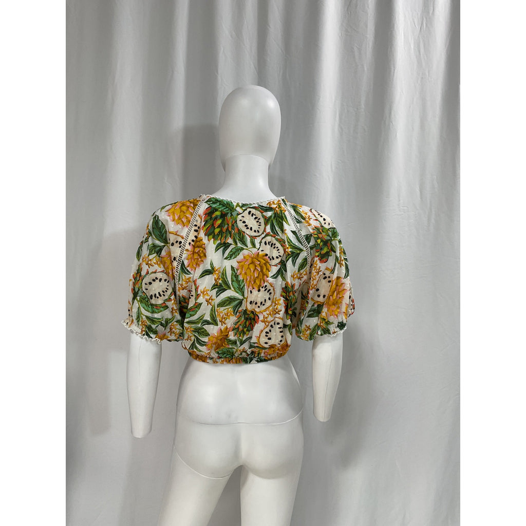 Farm Rio Green 'Biriba' Cropped Round Neck Blouse Top Size XS