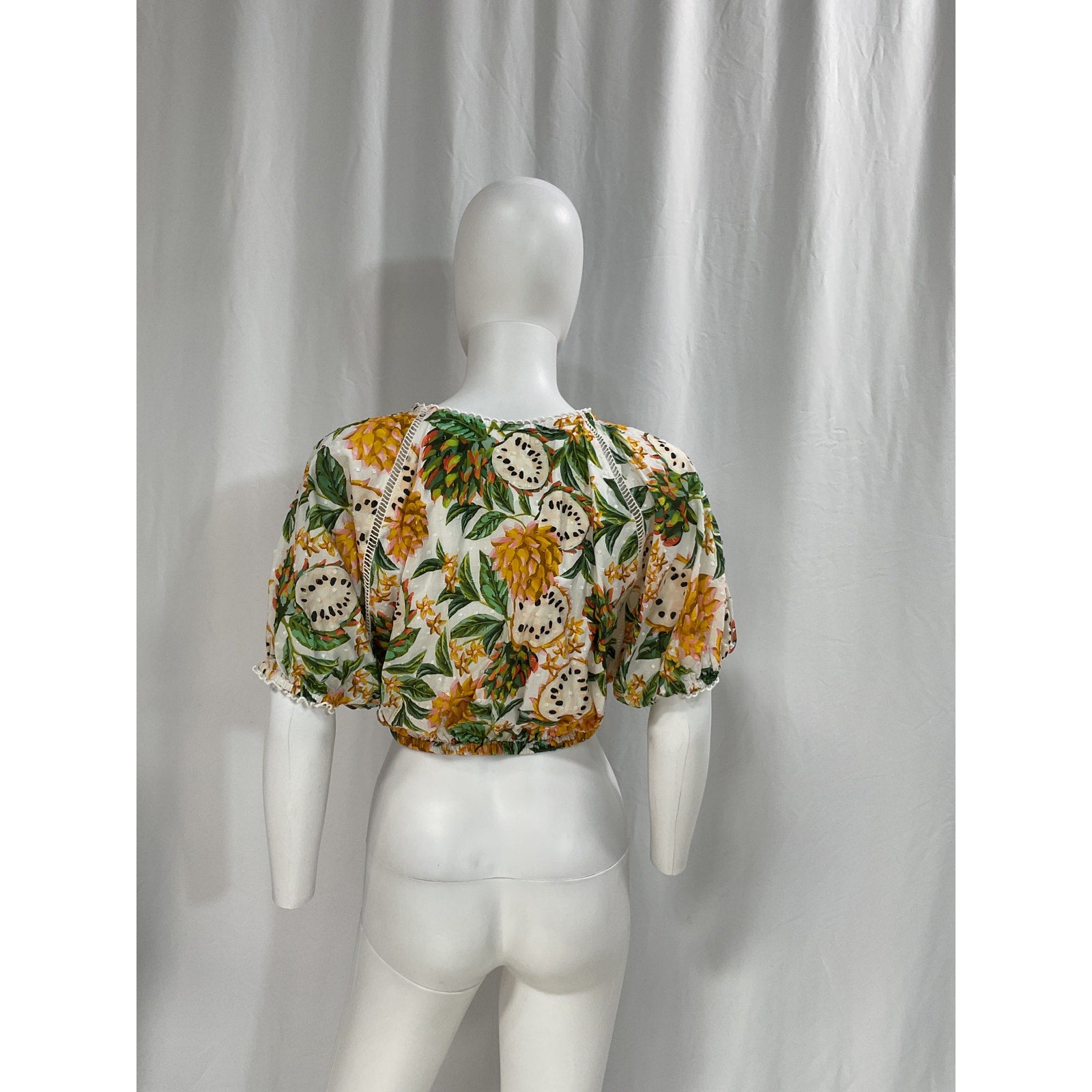 Farm Rio Green 'Biriba' Cropped Round Neck Blouse Top Size XS
