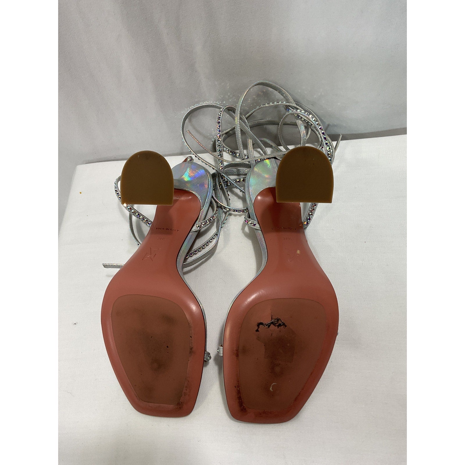 Amina Muaddi 'Vita' White Leather Open Toe Crystal Metallic Sandal Size 7.5
