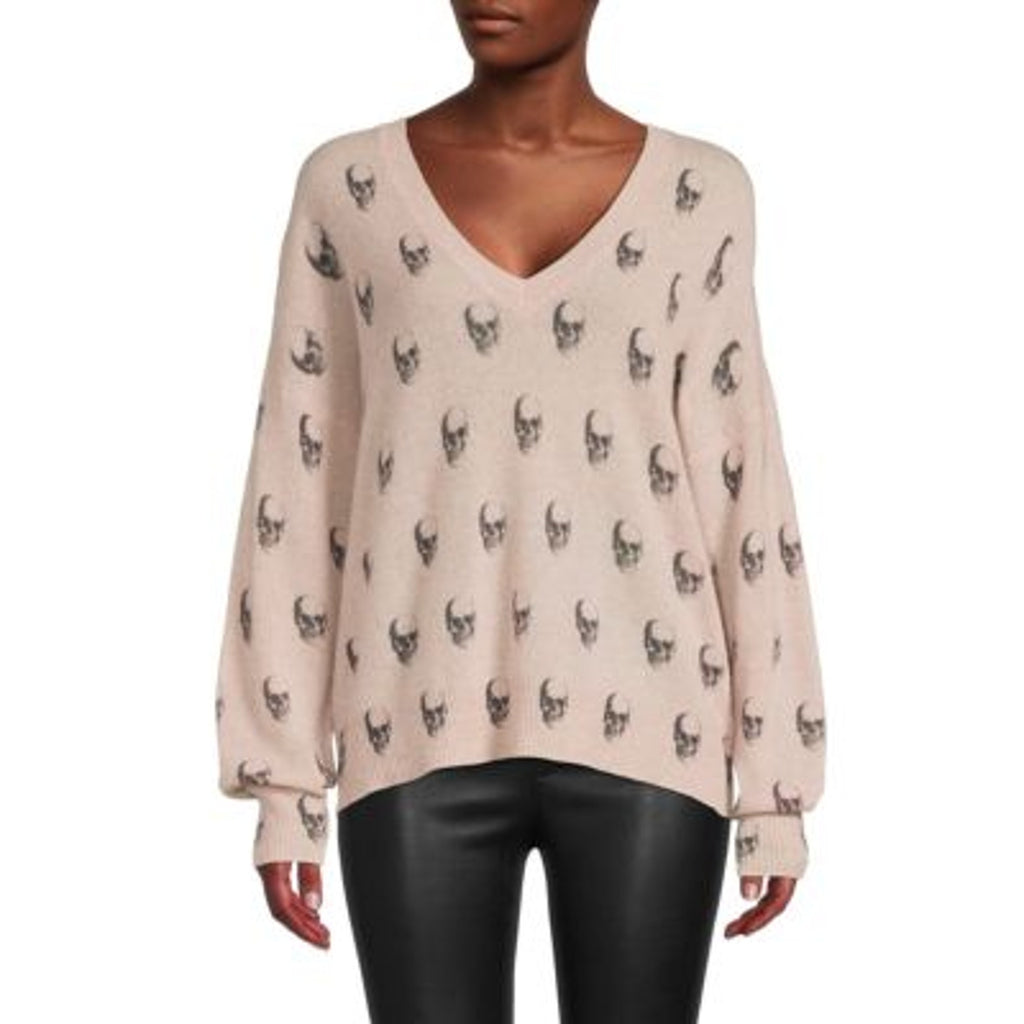 360 Cashmere '0Bjennie' White V Neck Skull Print Cashmere Sweater Size L