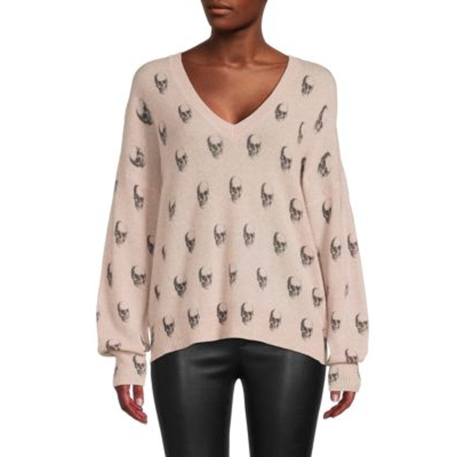 360 Cashmere '0Bjennie' White V Neck Skull Print Cashmere Sweater Size L