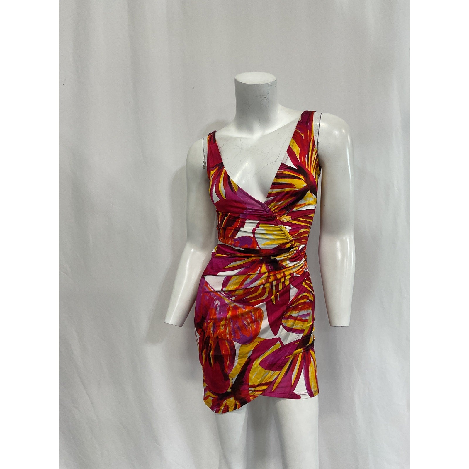 Louisa Ballou 'Summer' Pink Solstice Wrap-Effect Ruched Printed Stretch-Jersey Mini Dress Size XS