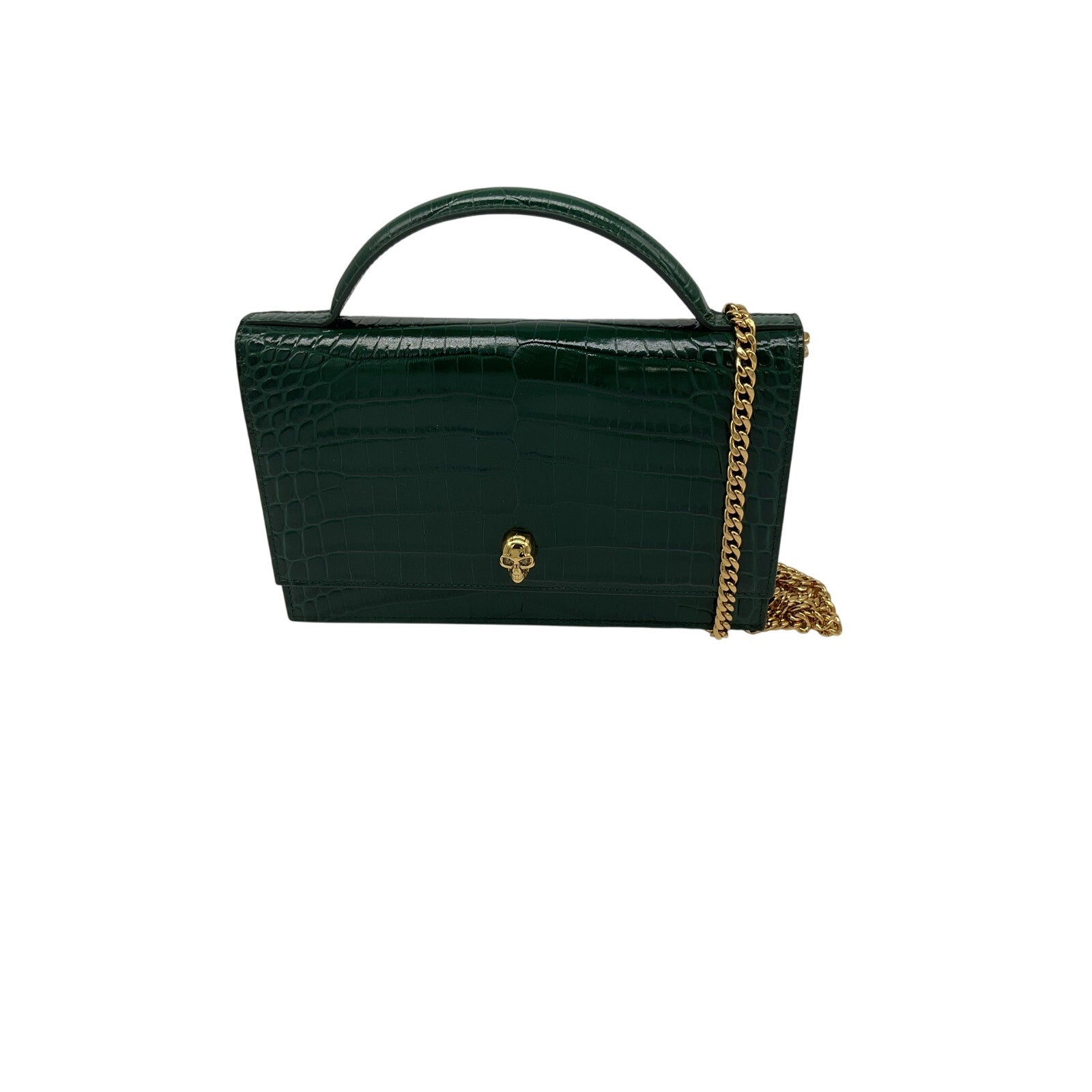 Alexander Mcqueen 'Skull' Green Mini Embellished Croc-Effect Leather Shoulder Bag