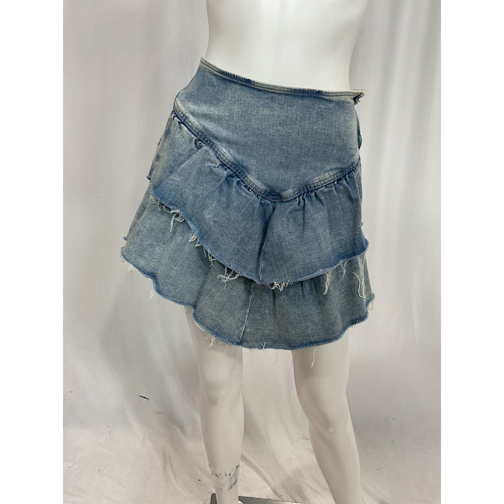 Mother 'The Ruffle' Blue Mini Raw Edge Denim Skirt Size 28