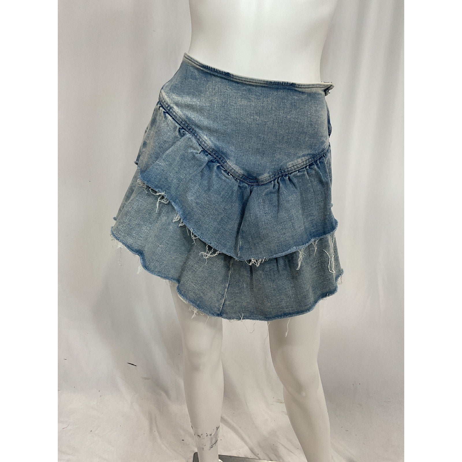 Mother 'The Ruffle' Blue Mini Raw Edge Denim Skirt Size 28