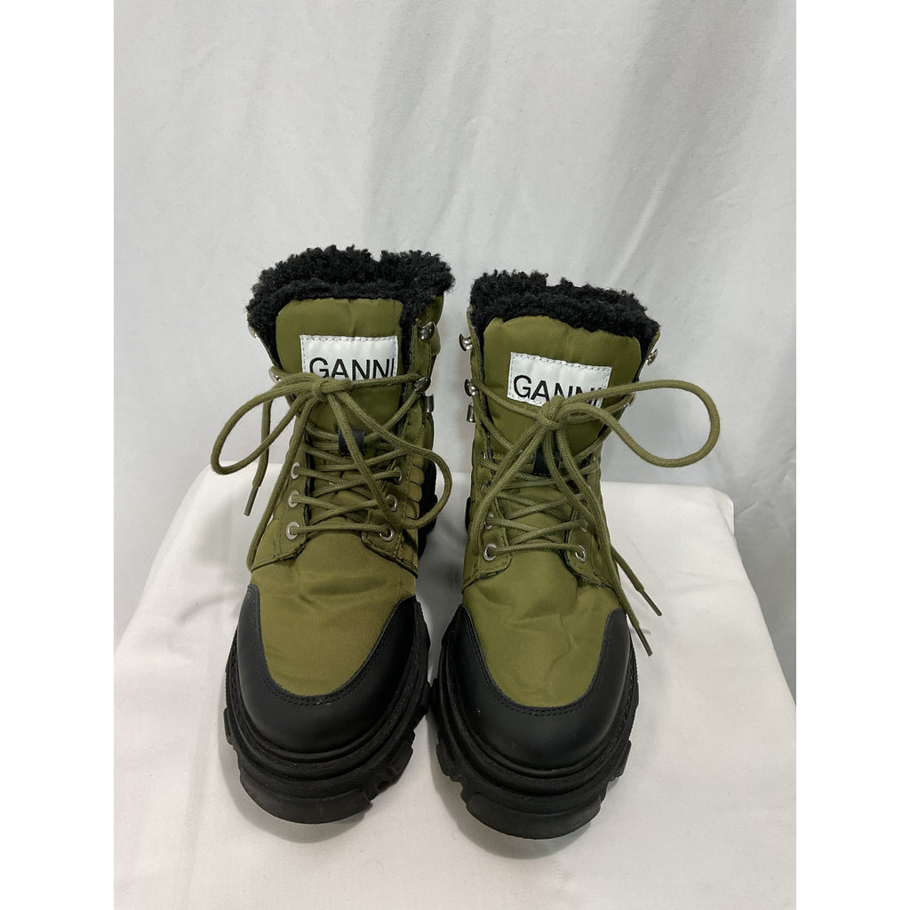 Ganni Leather-Trimmed Green Ankle Boots Size 7