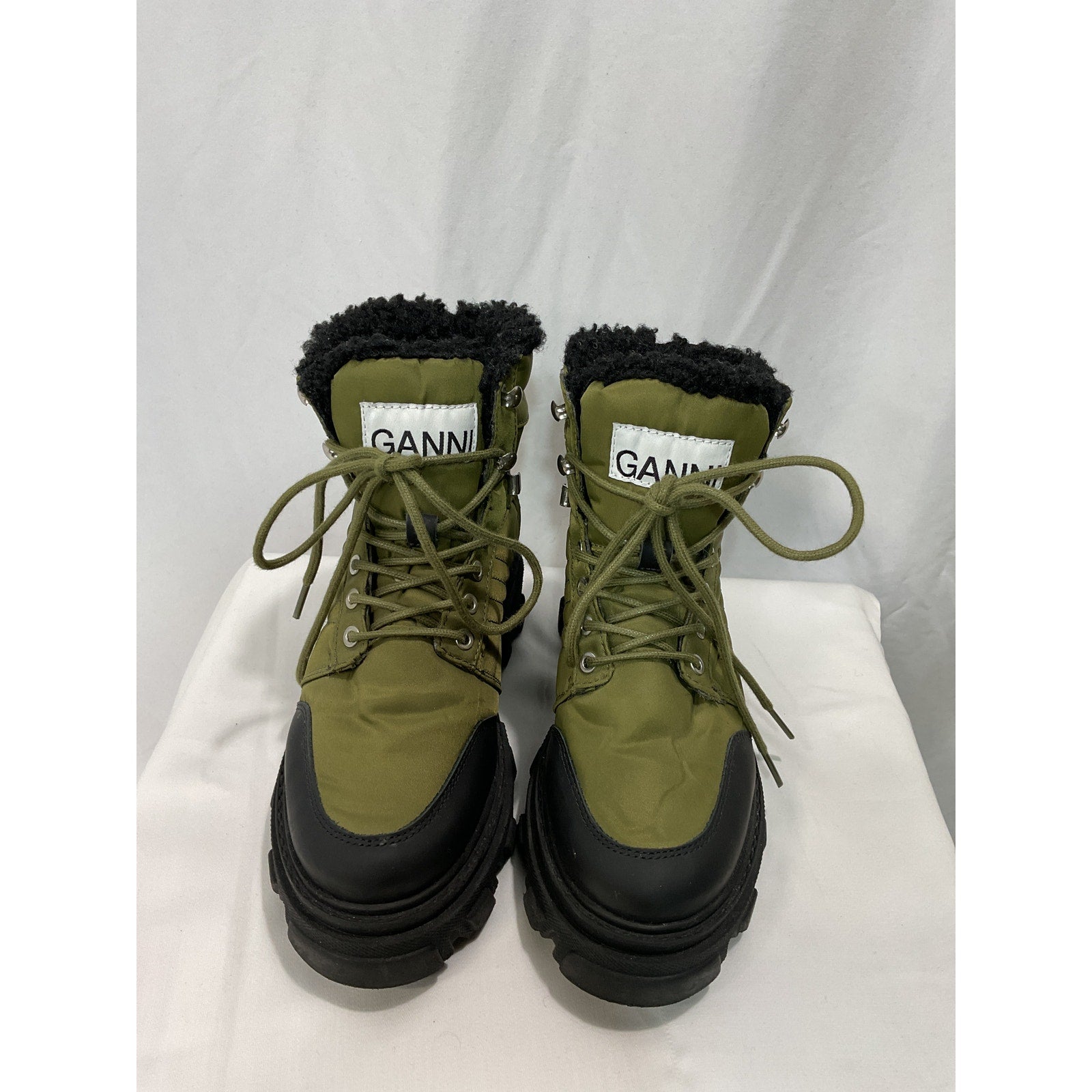 Ganni Leather-Trimmed Green Ankle Boots Size 7