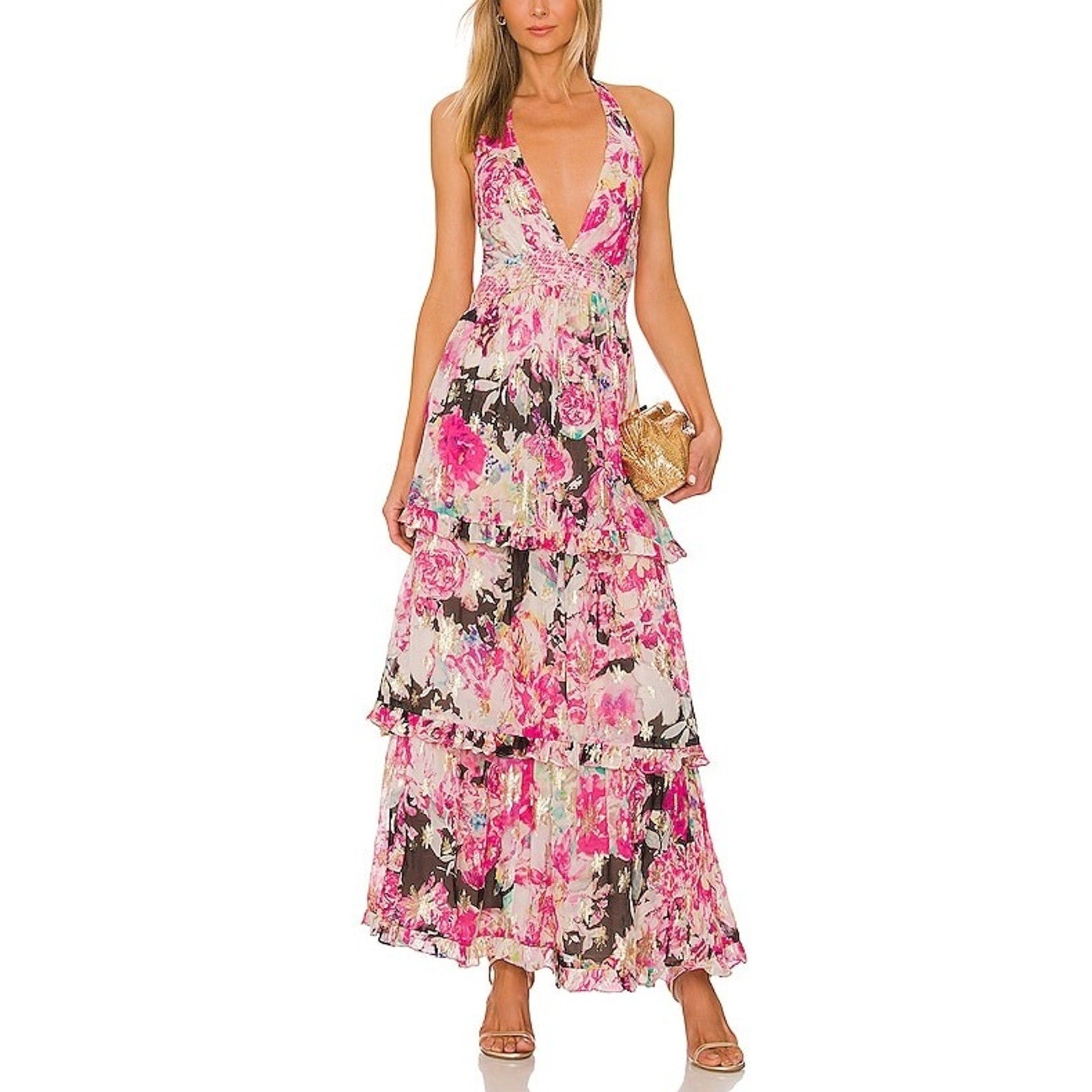 Rococo Sand Pink Halterneck Georgette Metallic Star Long Dress Size M - NWT
