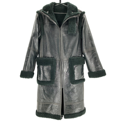 Helmut Lang Patent Green Shearling Coat Size XS