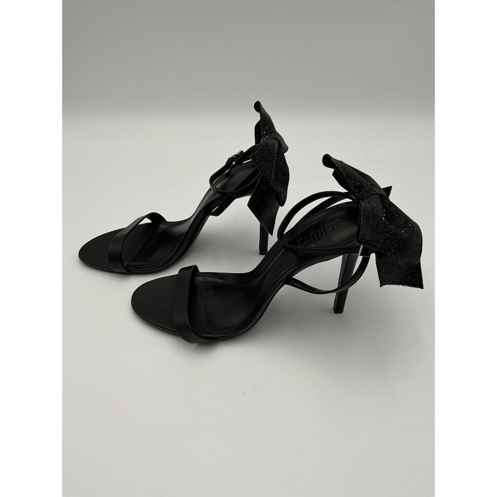 Schutz 'Lyla' Black Leather Crystal Bow Heels Size 10