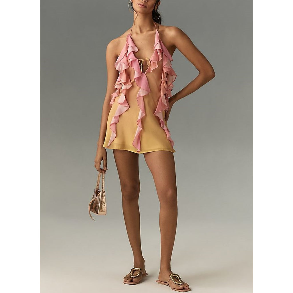 Delfi Collective Sleeveless Pink Polyester Ruffled Mini Dress Size M