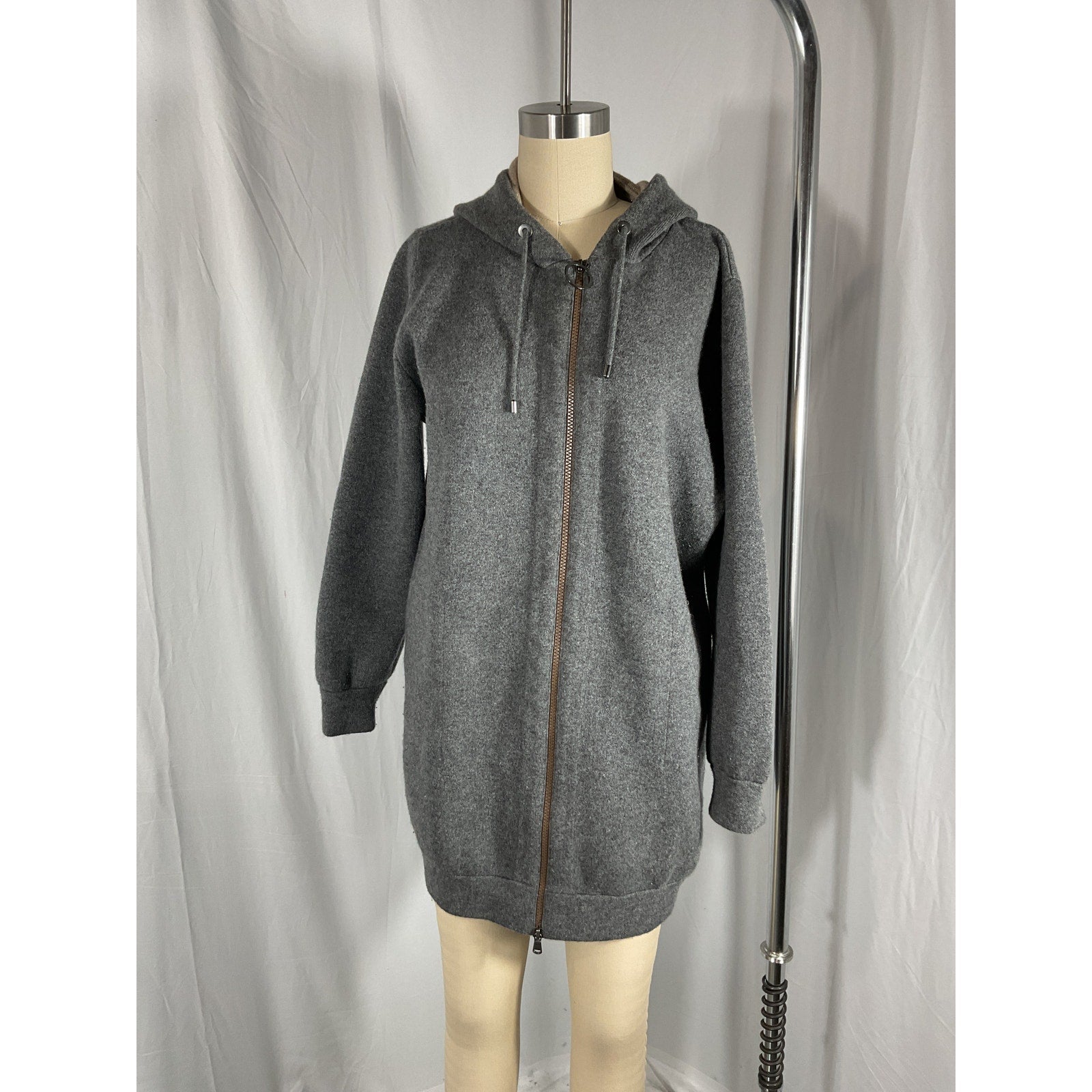 Brunello Cucinelli Grey Cashmere-Blend Long-Line Zip Hooded Cardigan Size XS