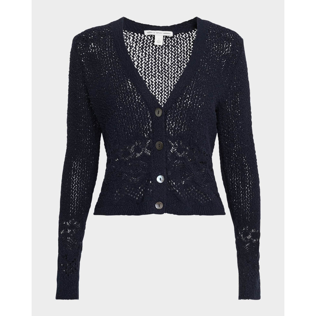 Autumn Pointelle-Knit Navy Cashmere Cotton Cardigan Size S - NWT