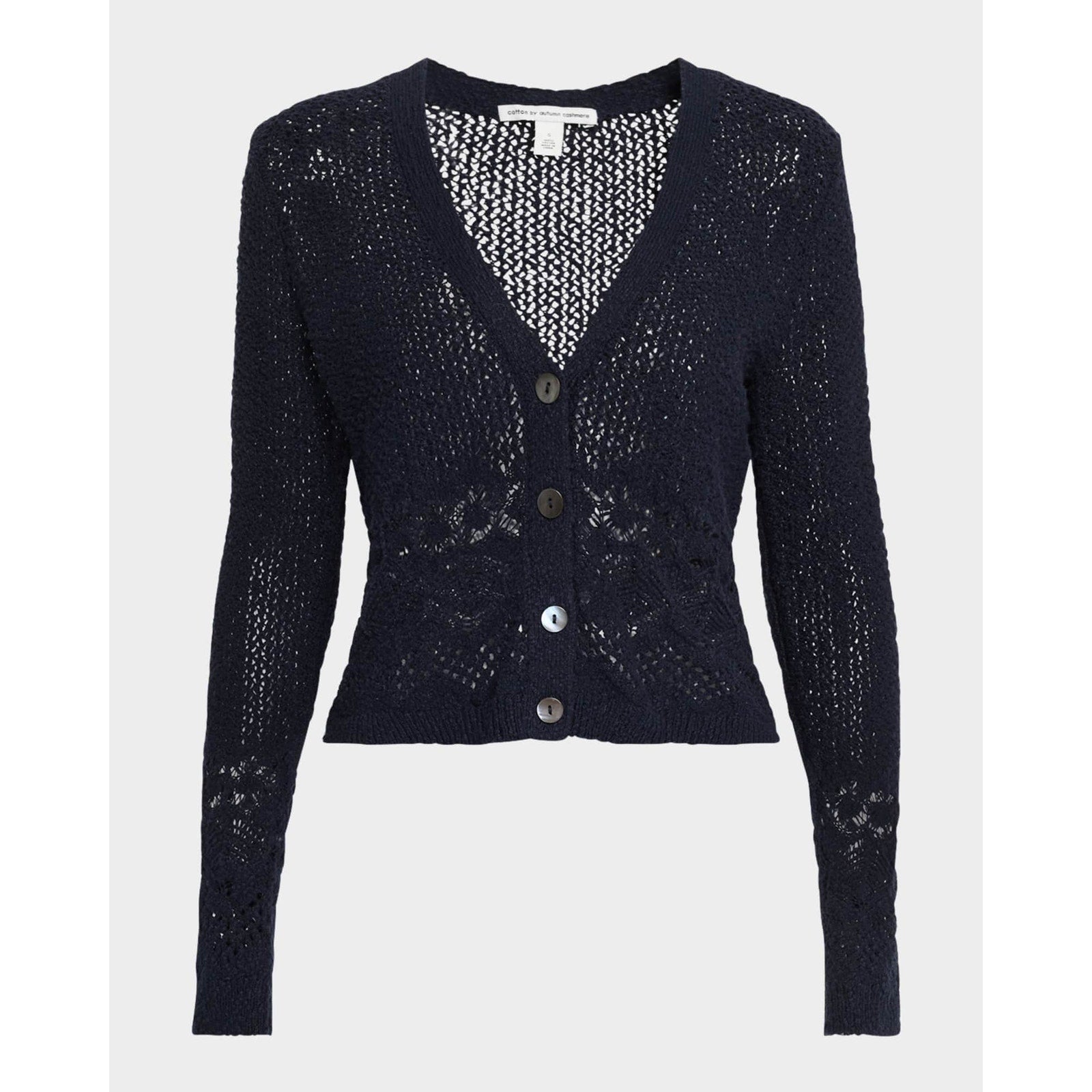 Autumn Pointelle-Knit Navy Cashmere Cotton Cardigan Size S - NWT